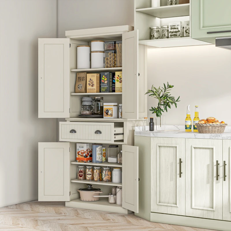 HOMCOM 72" Kitchen Pantry Storage Cabinet, Cupboard w/ 4 Doors and 3 Adjustable Shelves, Large Central Drawer, Cream White