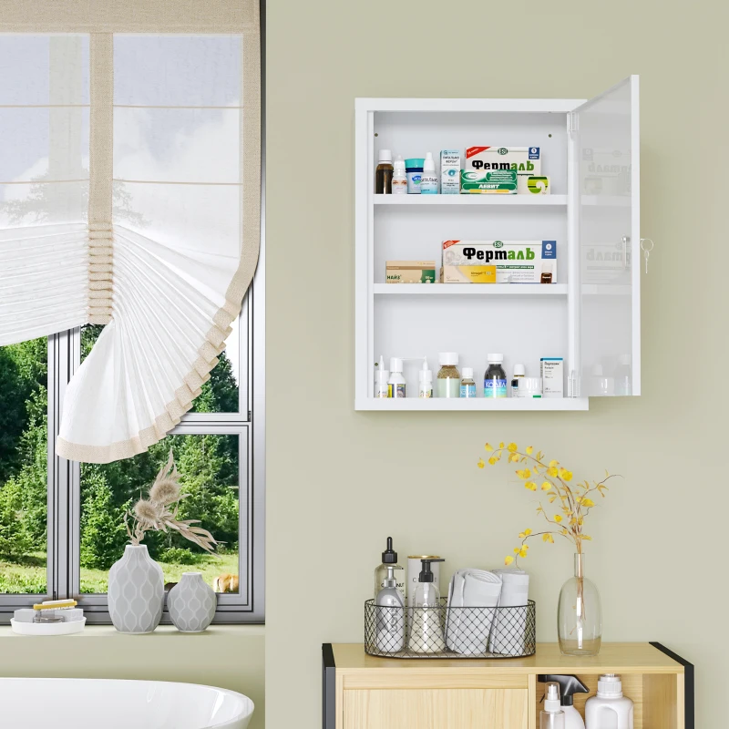 kleankin 16" x 21" Lockable Medicine Cabinet, 3 Tier Steel Medical Wall Box with 2 Keys and Shelves for Bathroom, White