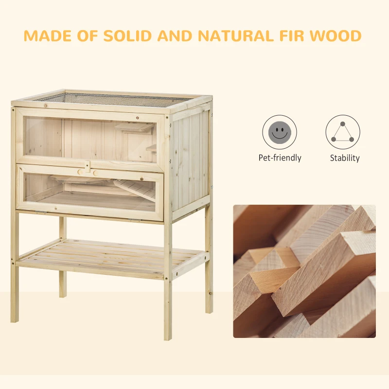 PawHut 3-Tier Wooden Hamster Cage Mice and Rat Cage Small Animals Hutch with Openable Top, Front Door, Shelf, Natural Wood