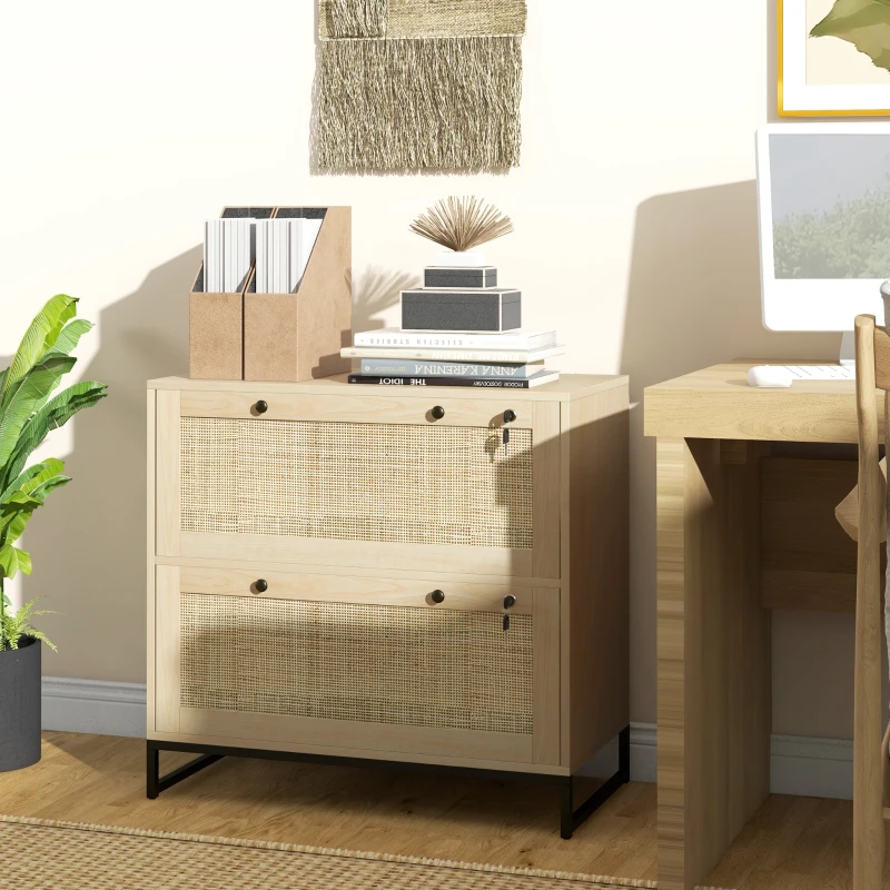 Vinsetto 2-Drawer Filing Cabinet with Lock, Rattan File Cabinet with Adjustable Hanging Bar, Natural