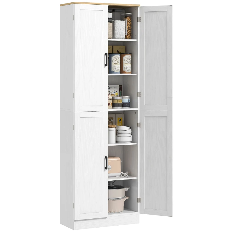 HOMCOM Freestanding Kitchen Pantry, 4-Door Kitchen Pantry Cabinet with Adjustable Shelves and Doors, Distressed White