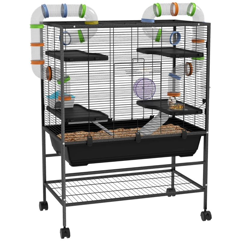 PawHut Small Animal Cage for Syrian Hamster, Gerbil Cage with Tubing System, Running Wheel, Ramps, Platforms