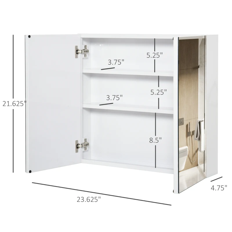 kleankin Bathroom Mirrored Cabinet, 24"x22" Steel Frame Medicine Cabinet, Wall-Mounted Storage Organizer with Double Doors, White