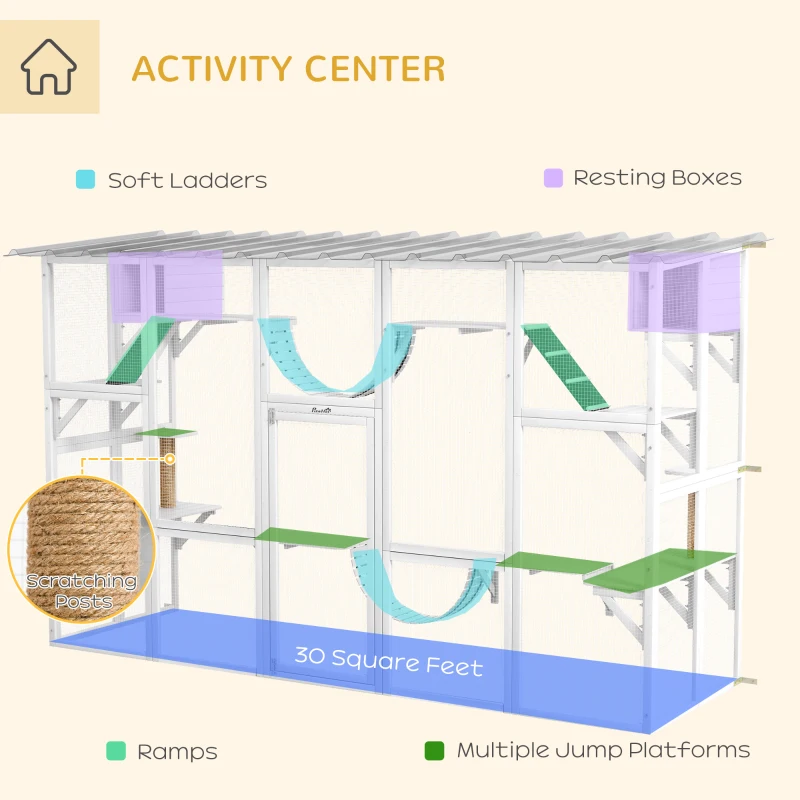 PawHut Catio Playground Cat Window Box Outside Enclosure for Multiple Cats w/ Shelves & Bridges, White