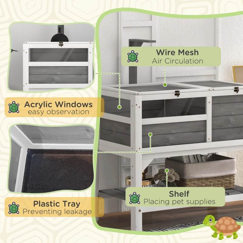 PawHut Tortoise Habitat with Shelf Storage Tortoise Gift Accessory with Weather Protection for Indoor, Light Gray