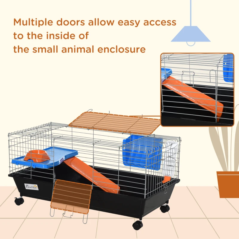 PawHut 35"L Small Animal Cage with Food Dish, Water Bottle, Hay Feeder, Platform, Ramp for Chinchilla, Black