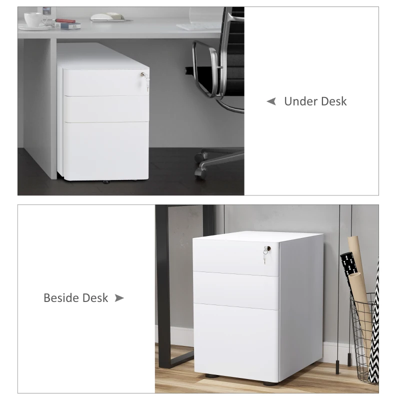Vinsetto 3 Drawer Filing Cabinet, Steel Home Office Storage Cabinet with Wheels, Lock for A4, Letters, Legal-sized Files, White