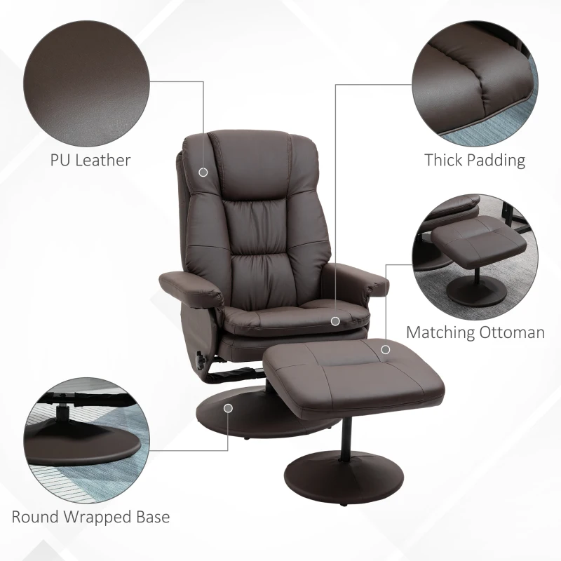 HOMCOM PU Leather Recliner Chair with Ottoman, Swivel Recliner and Ottoman with Round Wrapped Base for Living Room, Brown