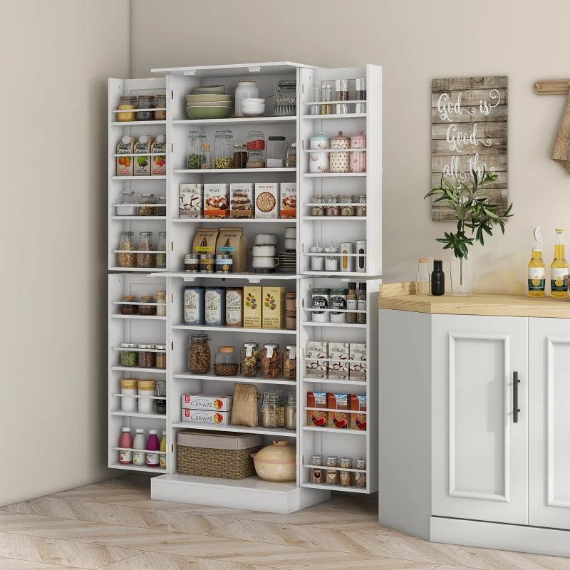 HOMCOM 65" Kitchen Cabinet, Kitchen Pantry Cabinet with 4 Doors and 16 Door Shelves for Dining Room, White