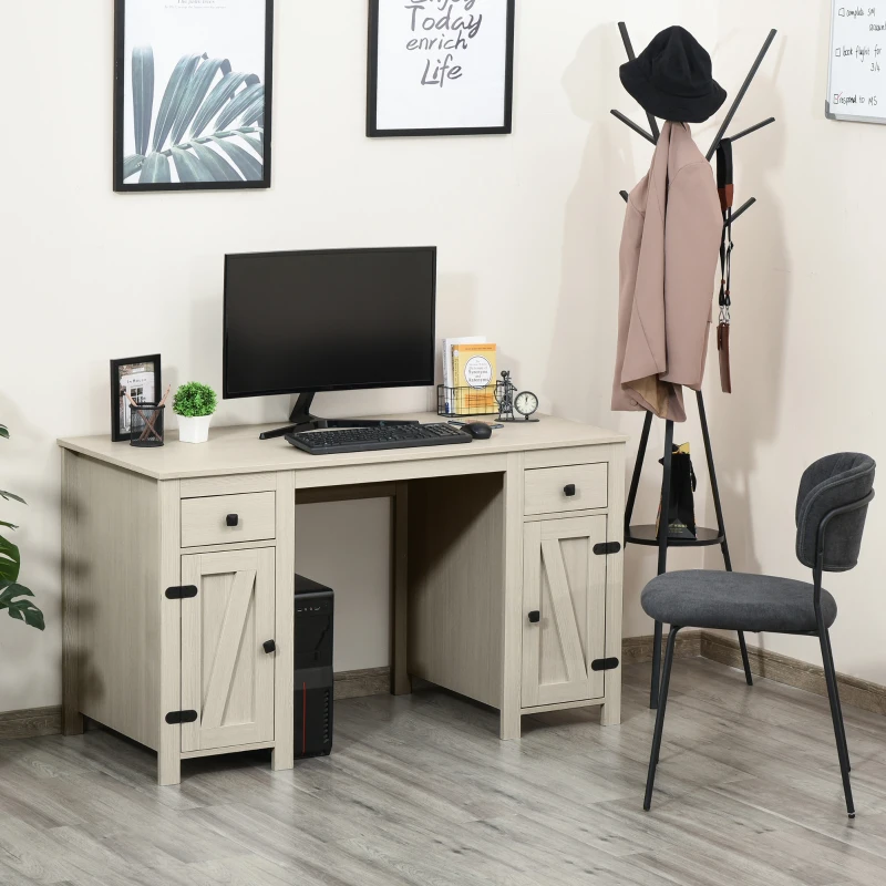 HOMCOM Farmhouse Computer Desk with Storage, Home Office Desk with 2 Drawers and 2 Cabinets, Cream White