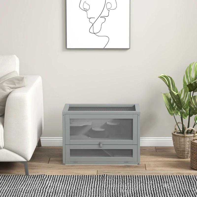 PawHut 2-Level Hamster Cage with Openable Top, Door, Shelf, Ladder, Gray