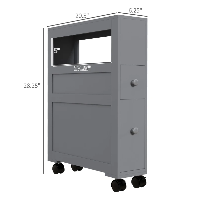 kleankin Space Saving Narrow Bathroom Storage Cabinet, Bath Toilet Paper Holder with Drawers and Rolling Wheels, Gray