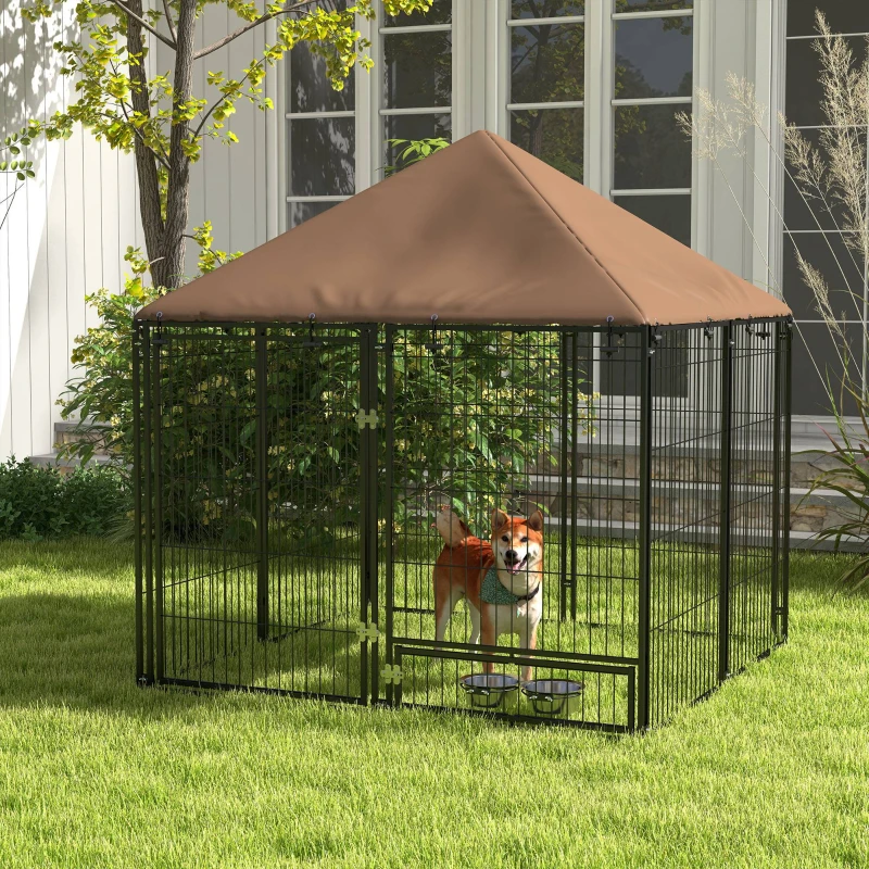 PawHut Outside Dog Kennel, 4.6' x 4.6' x 5' Puppy Play Pen with Canopy, Garden Playpen Fence Crate Enclosure Cage Rotating Bowl, for Dogs, Chickens, Ducks, Black
