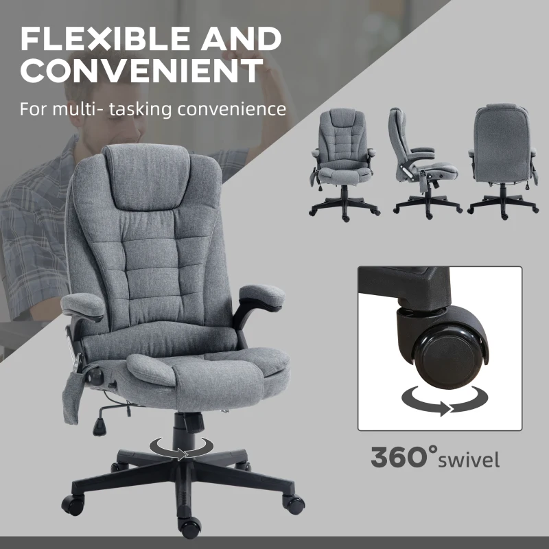HOMCOM 6 Point Vibrating Massage Office Chair with Heat, Linen High Back Massage Desk Chair with Reclining Backrest, Gray