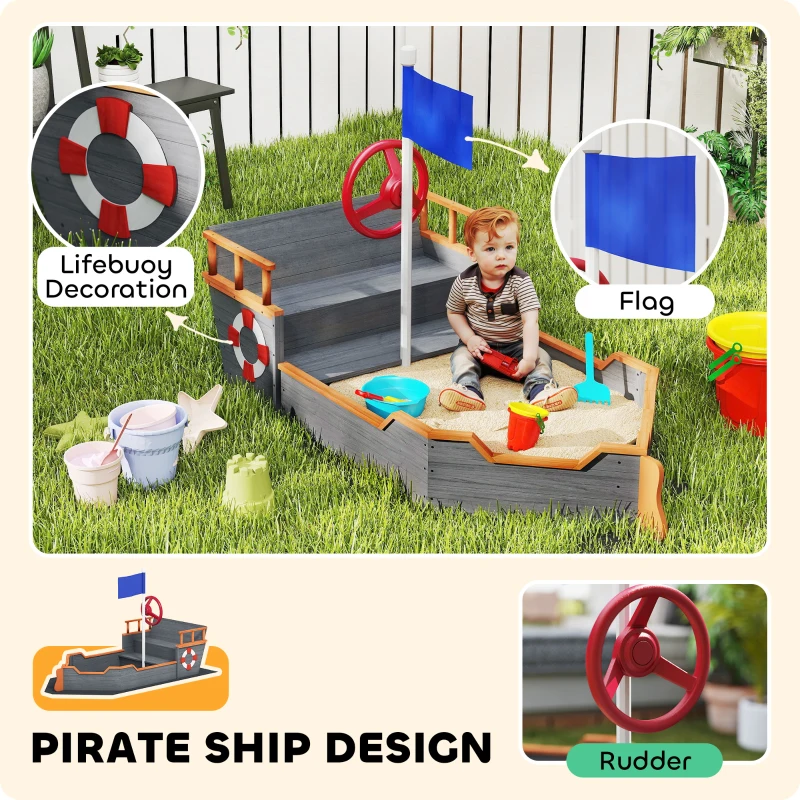 Outsunny Kids Wooden Sandbox Pirate Ship Sandboat w/ Bench Seat Storage Space Ceder Wood, Gray