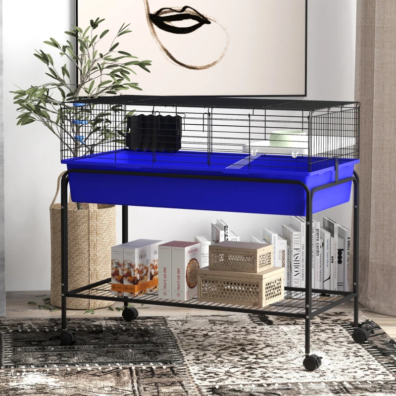 PawHut Two-Story Small Animal Cage Removable from Stand, Pet Habitat with Shelf & Wheels, 39" x 20.5" x 36.5", Blue
