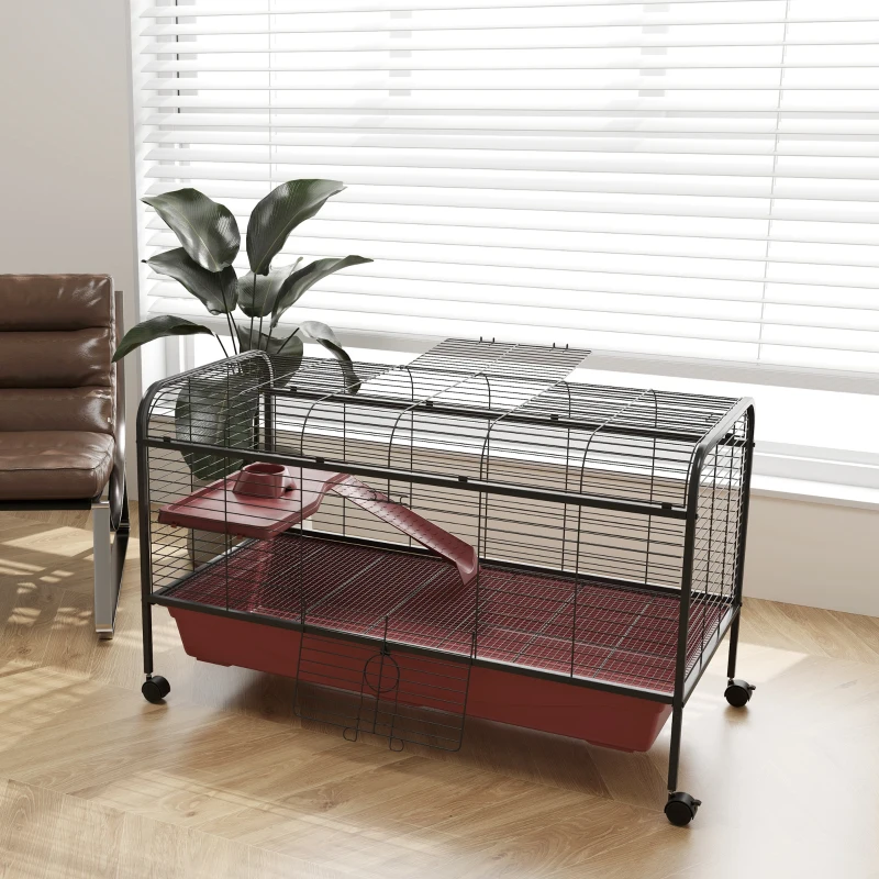 PawHut 48" L Small Animal Cage, Pet Play House for Rabbit Hutch or Ferret with Feeder, Rolling Wheels, Platform, Ramp