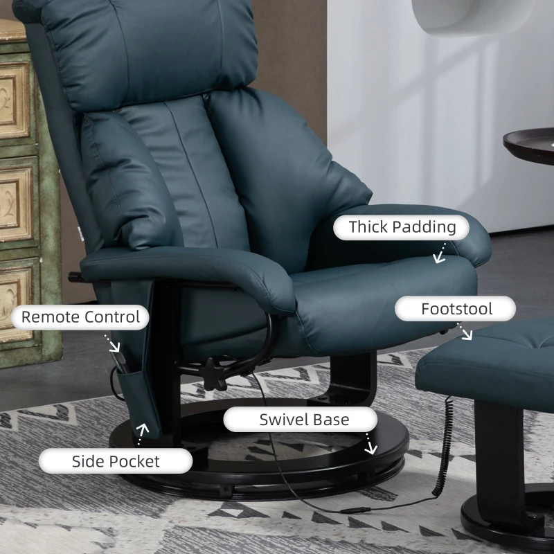 HOMCOM Swivel Recliner with Ottoman, Faux Leather Reclining Chair with Massage, Footstool Remote and Side Pocket, Blue