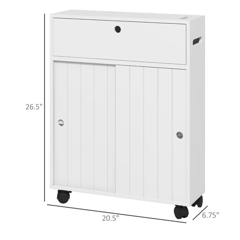 kleankin Toilet Paper Cabinet, Slim Bathroom Cabinet with 4 Rolling Wheels, Small Bathroom Storage Cabinet with Paper Holes, Sliding Doors and Adjustable Shelf for Small Space, White