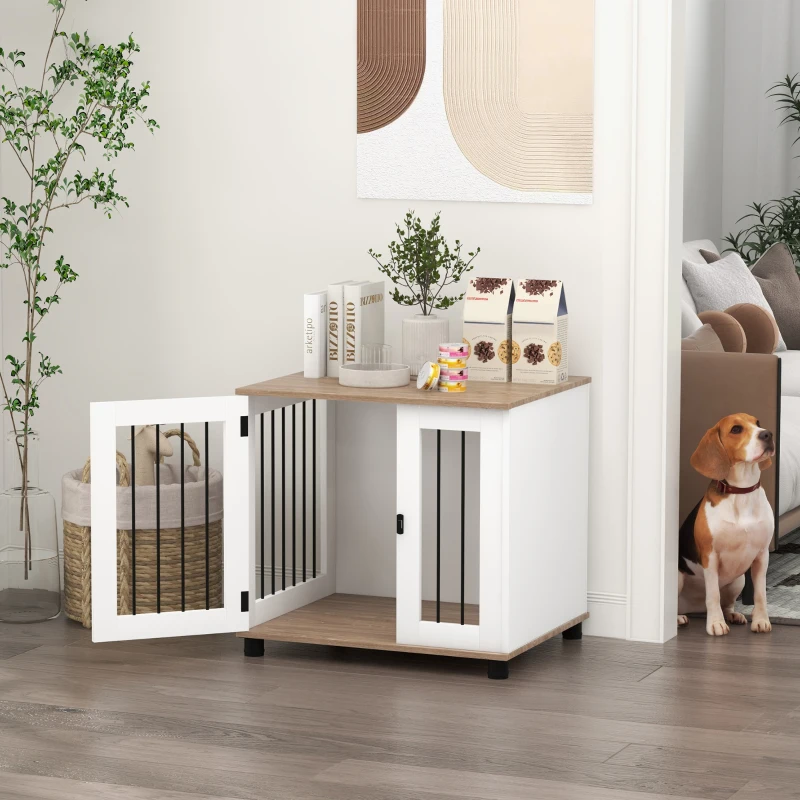 PawHut Dog Kennel Furniture Side End Table Indoor with Lockable Door, for Small and Medium Dogs, Walnut Brown