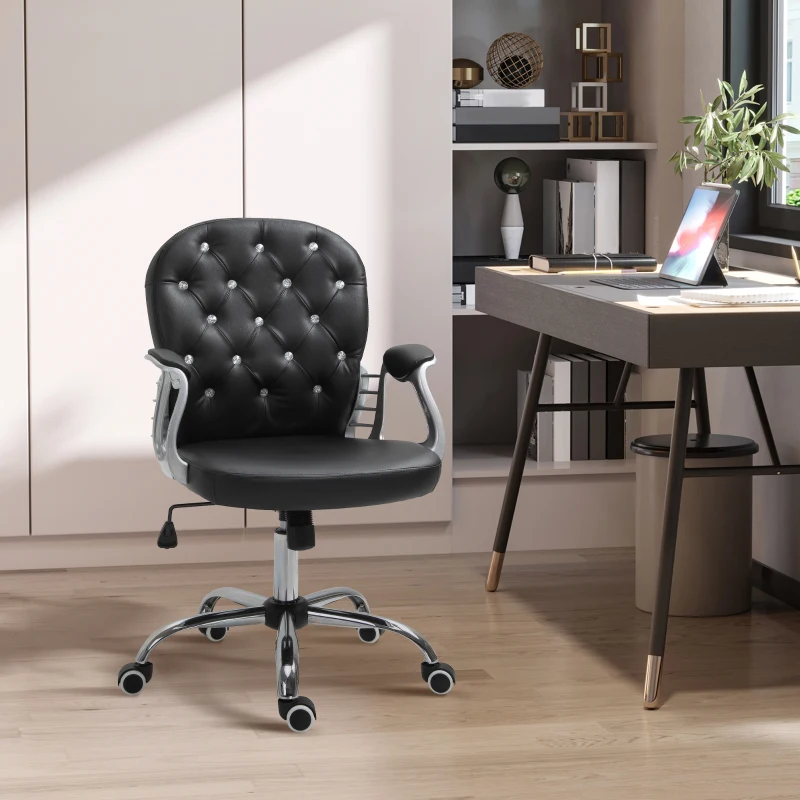 Vinsetto PU Leather Home Office Chair, Button Tufted Desk Chair with Padded Armrests, Adjustable Height and Swivel Wheels, Black