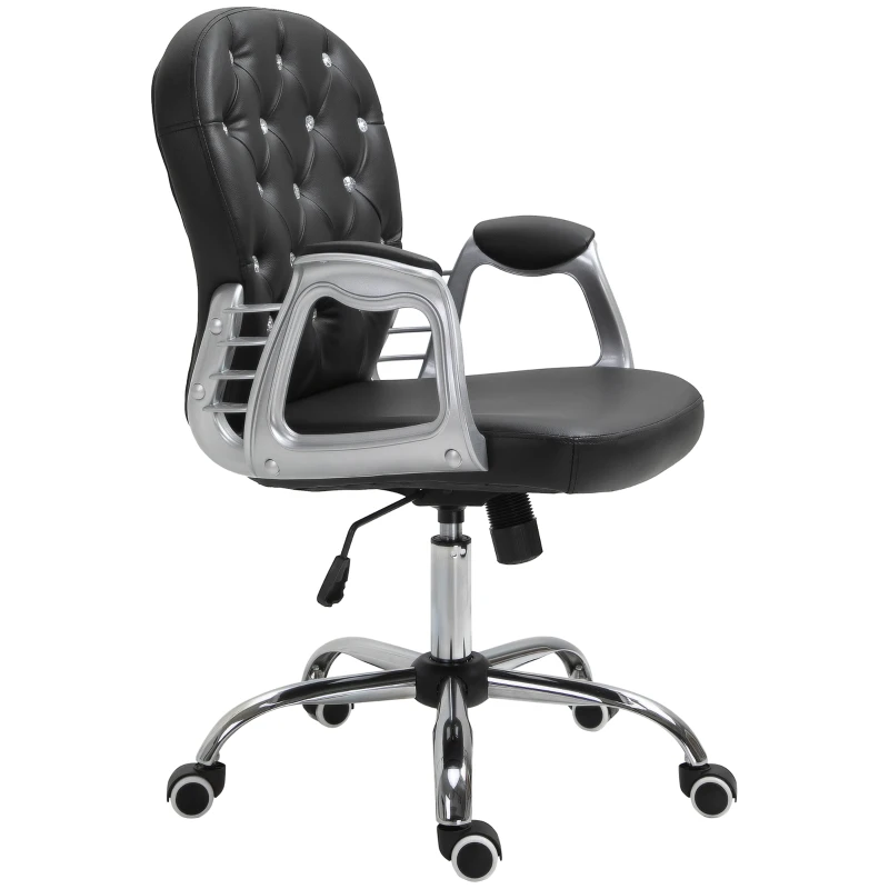 Vinsetto PU Leather Home Office Chair, Button Tufted Desk Chair with Padded Armrests, Adjustable Height and Swivel Wheels, Black