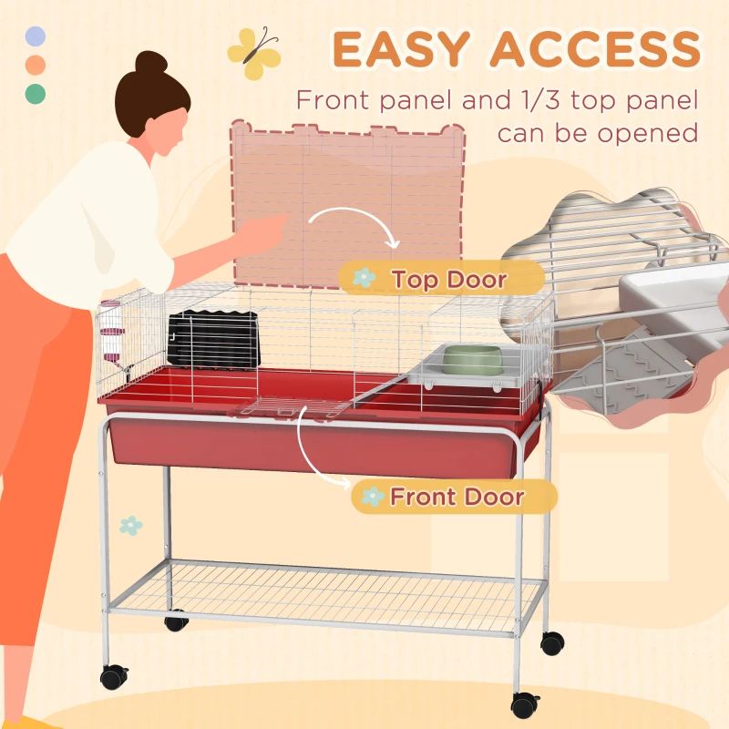 PawHut Two-Story Small Animal Cage Removable from Stand, Pet Habitat with Shelf & Wheels, 39" x 20.5" x 36.5", Red