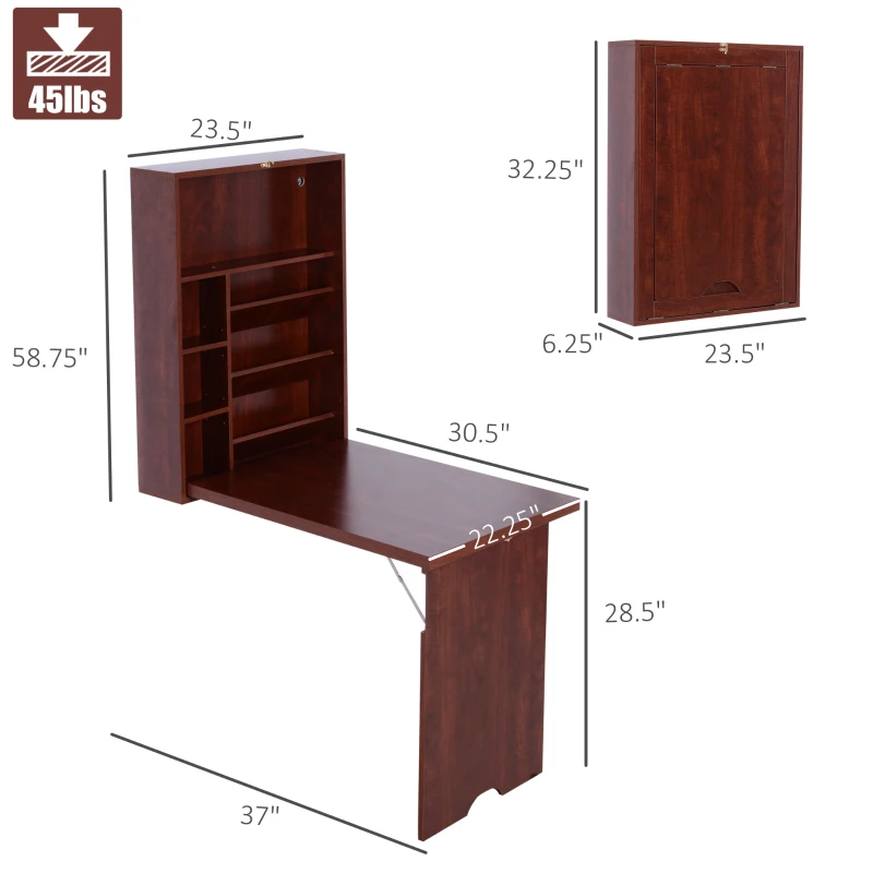 HOMCOM Wall Mounted Desk, Fold Out Convertible Desk, Multi-Function Computer Table Floating Desk with Shelves for Home Office, Mahogany