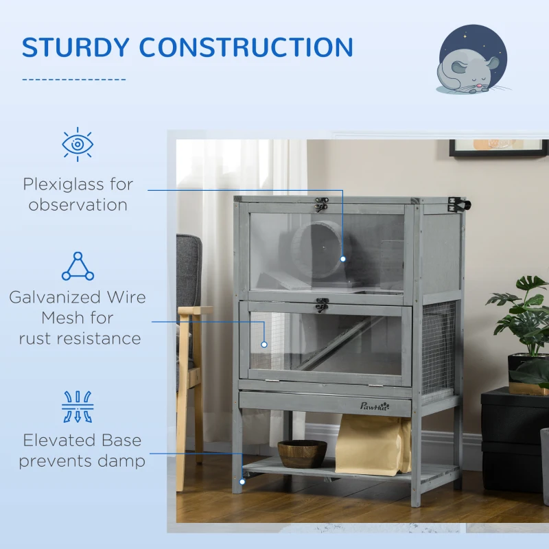 PawHut Wooden Hamster Cage with Storage Shelf, Large Rat Mouse Habitat Including Seesaw, Small Animal Cage with Sliding Tray, Wide Ramp for Racing, Running Wheel, 35.5" H