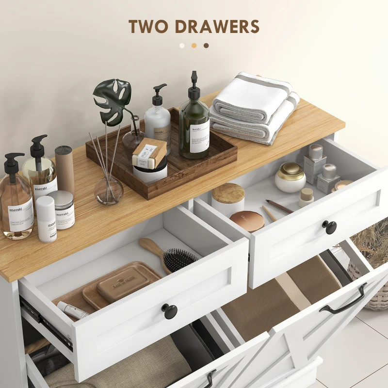HOMCOM Tilt Out Laundry Hamper Cabinet, Bathroom Storage Cabinet with 2 Removable Baskets and 2 Drawers, White