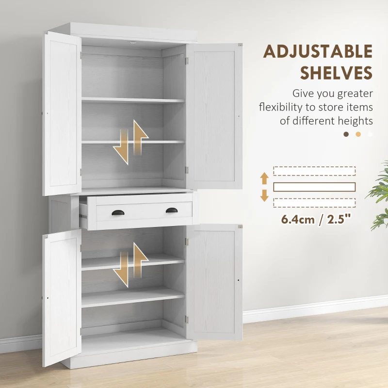 HOMCOM 72.5" Kitchen Cabinet, Pantry Storage Cabinet with Doors and Shelves, Freestanding Food Pantry Cabinet, White Wood Grain