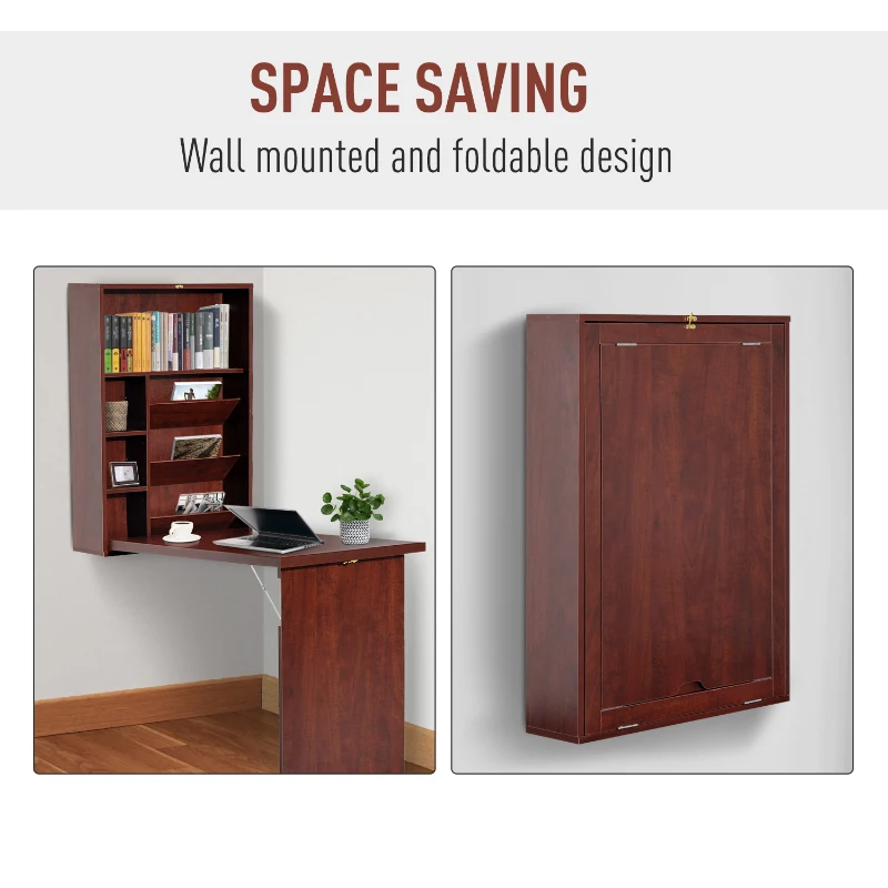 HOMCOM Wall Mounted Desk, Fold Out Convertible Desk, Multi-Function Computer Table Floating Desk with Shelves for Home Office, Mahogany