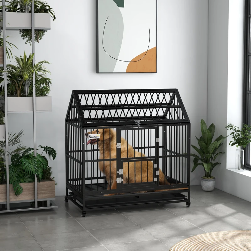 PawHut 48" Heavy Duty Dog Crate with 4 Lockable Wheels, Double Doors, and Removable Tray, for XL and L Dogs