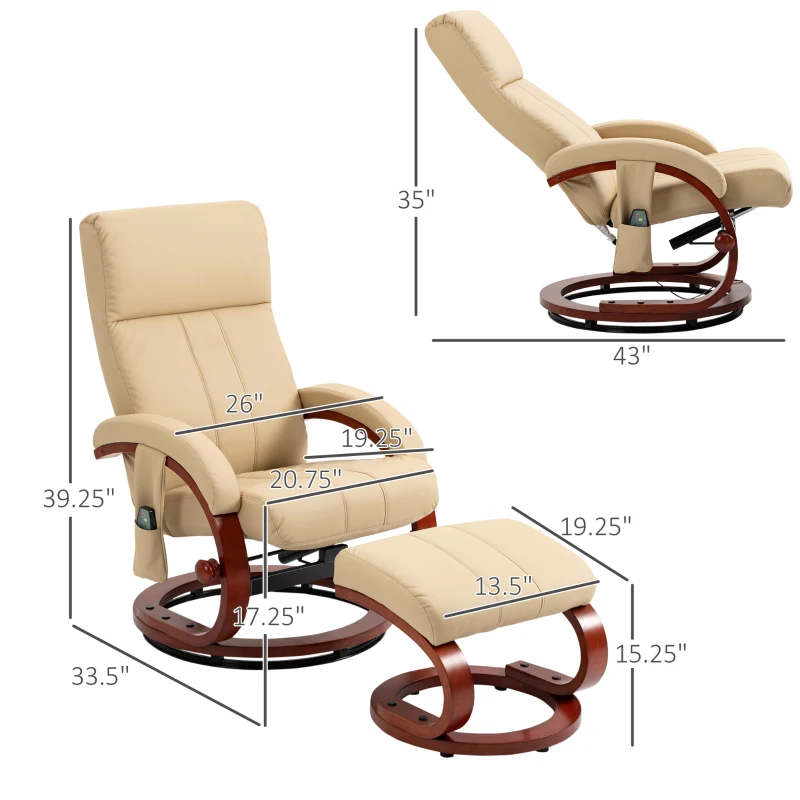 HOMCOM Recliner Chair with Ottoman, Electric Faux Leather Recliner with 10 Vibration Points and 5 Massage Mode, Reclining Chair with Remote Control, Swivel Wood Base and Side Pocket, Beige