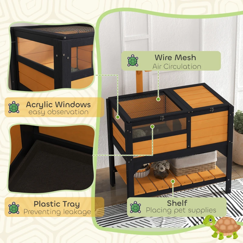 PawHut Tortoise Habitat with Shelf Storage Tortoise Gift Accessory with Weather Protection for Indoor, Yellow