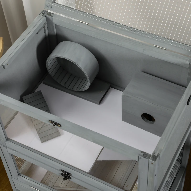 PawHut Wooden Hamster Cage with Storage Shelf, Large Rat Mouse Habitat Including Seesaw, Small Animal Cage with Sliding Tray, Wide Ramp for Racing, Running Wheel, 35.5" H