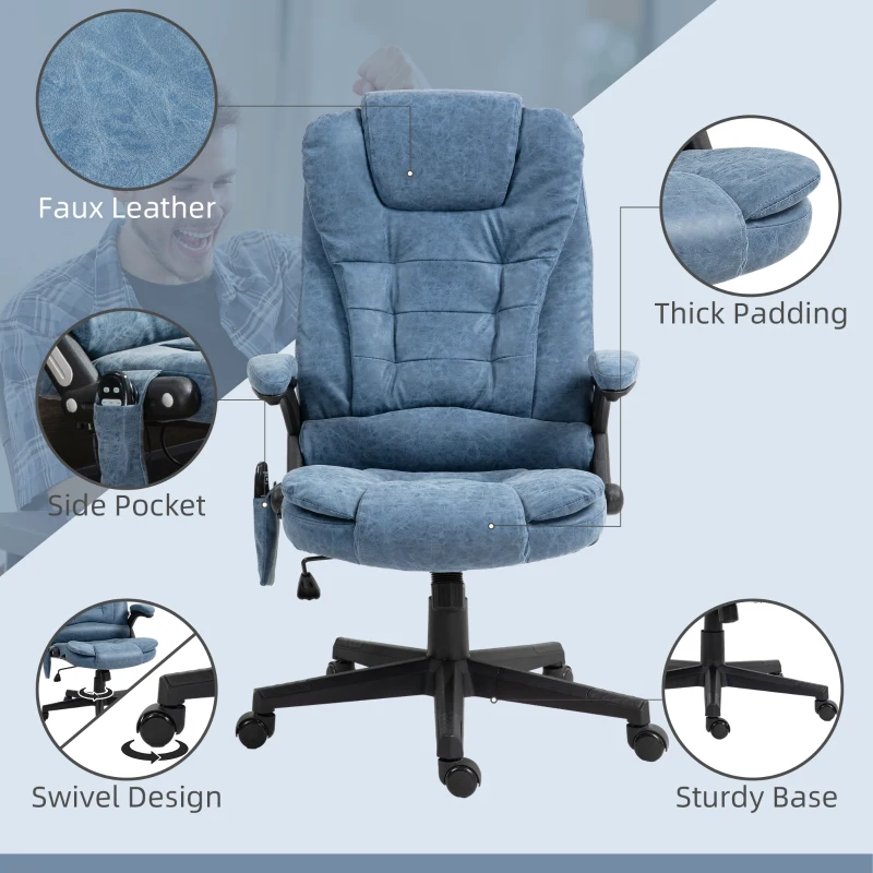 HOMCOM Massage Office Chair, Heated Reclining Computer Chair with 6 Vibration Points, Armrest and Remote, Blue