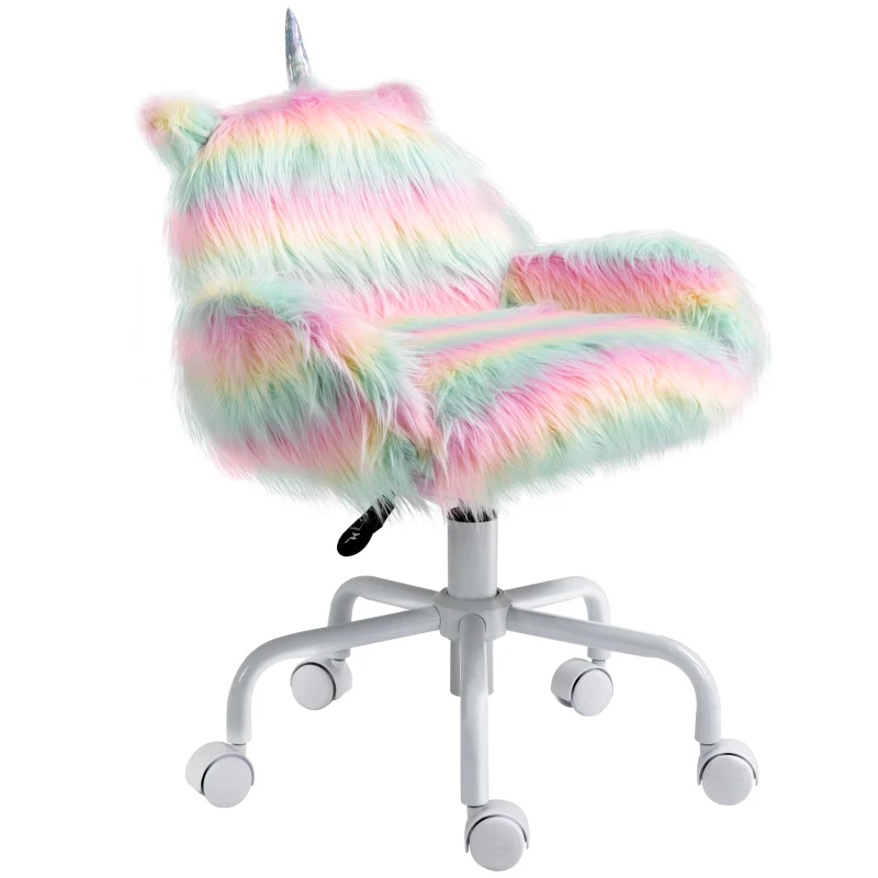 HOMCOM Fluffy Unicorn Office Chair with Mid-Back and Armrest Support, 5 Star Swivel Wheel White Base, Rainbow
