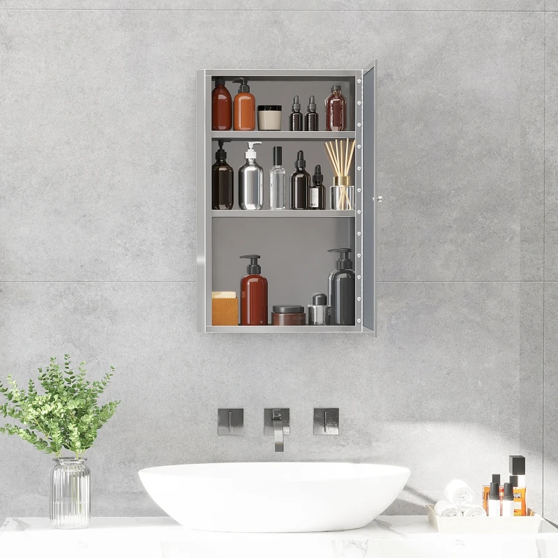 HOMCOM Bathroom Mirrored Cabinet, Vertical 16" x 24" Stainless Steel Frame Medicine Cabinet, Wall-Mounted Storage Organizer with Single Door