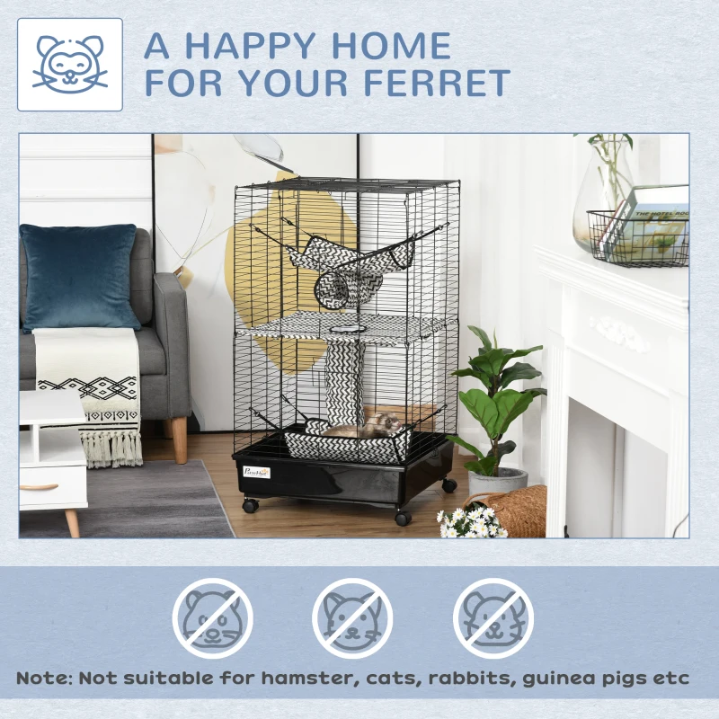 PawHut 42" Ferret Cage, Small Animal Habitat Metal Pet Cage with Wheels Brakes, Hammocks, Hanging Tunnels, and 3 Doors, Black