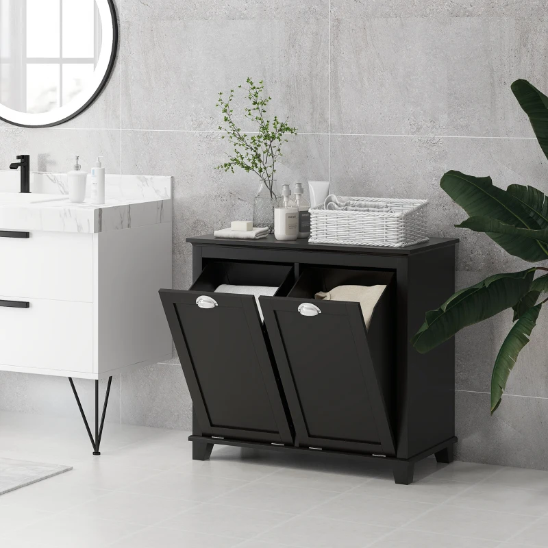 HOMCOM Bathroom Storage Cabinet, Tilt-Out Laundry Hamper with 2 Compartments, Black(m-7)