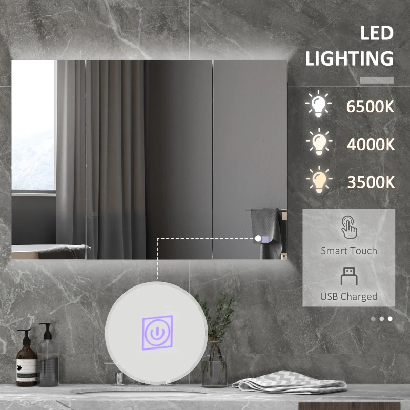 kleankin Bathroom Mirror Cabinet with Light, Bathroom Storage Cupboard with USB Charge, Adjustable Shelf, 35.5"W x 25.5"H, White