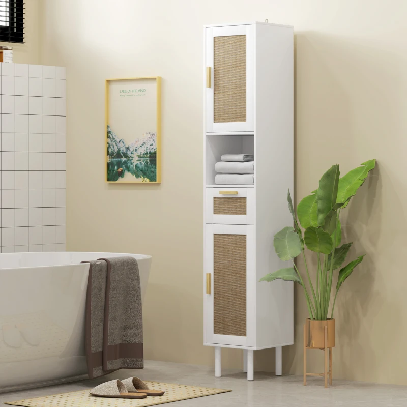 HOMCOM Tall Bathroom Cabinet with Rattan Doors, Freestanding Bathroom Storage Cabinet with Adjustable Shelves, White