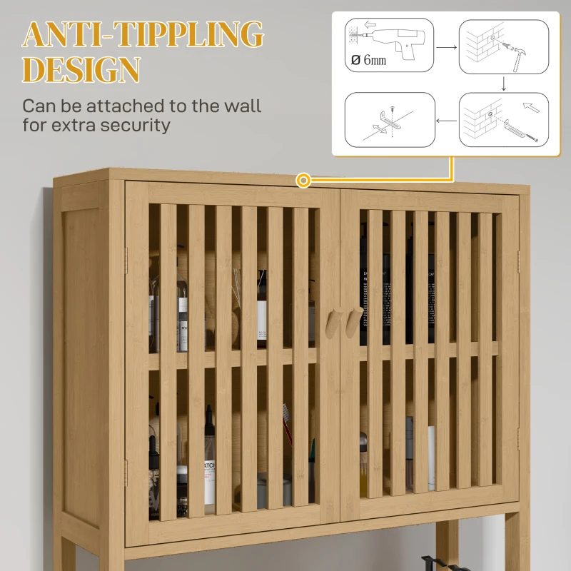 HOMCOM Over the Toilet Cabinet, Bamboo Bathroom Above Toilet Storage with Slatted Doors and Adjustable Shelf, Natural