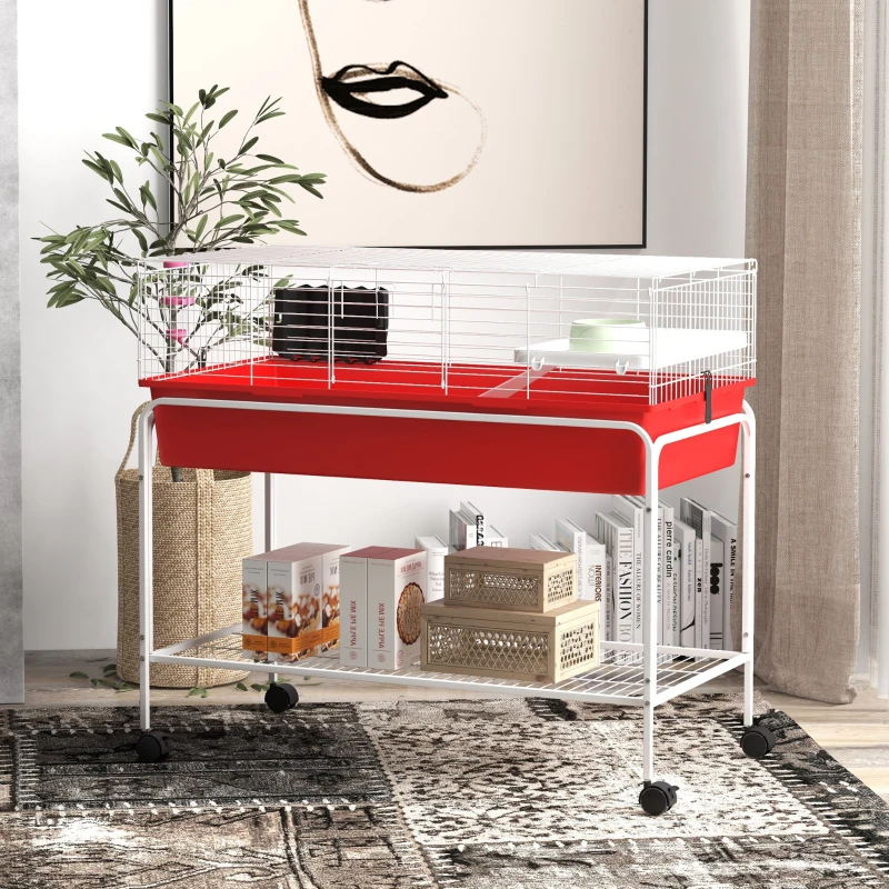 PawHut Two-Story Small Animal Cage Removable from Stand, Pet Habitat with Shelf & Wheels, 39" x 20.5" x 36.5", Red