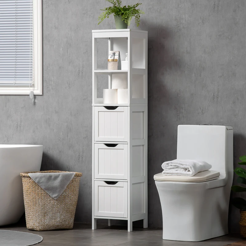 kleankin Tall Bathroom Cabinet, Slim Bathroom Storage Cabinet, Narrow Floor Cabinet with 3 Drawers and 2 Open Shelves, Freestanding Linen Tower for Small Space, 12" x 12" x 56", White