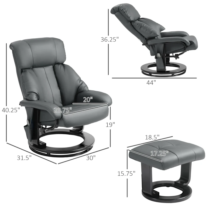 HOMCOM Swivel Recliner with Ottoman, Faux Leather Reclining Chair with Massage, Footstool Remote and Side Pocket, Gray