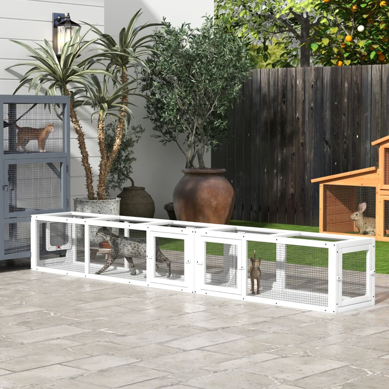 PawHut Wooden 98" Cat Tunnel for Outdoor with Combinable Design, 8 Doors, White