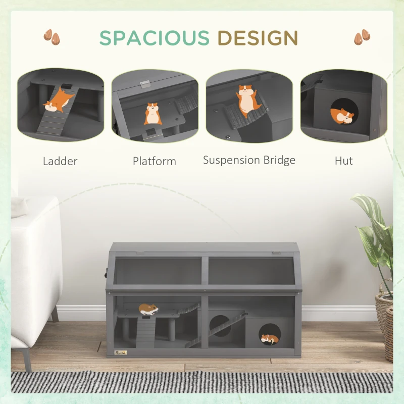 PawHut Rat Cage Hamster Cage Small Animal Playhouse for Gerbils with Suspension Bridge, Ladders, Openable Top Hut