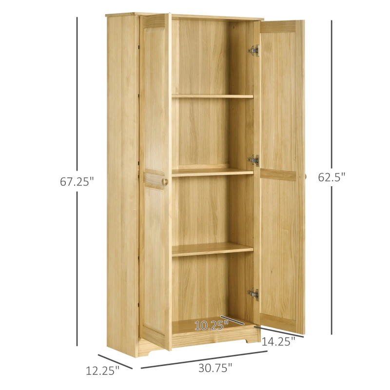 HOMCOM 67" Pinewood Kitchen Pantry Storage Cabinet, Freestanding Cabinets with Doors and Shelves, Dining Room